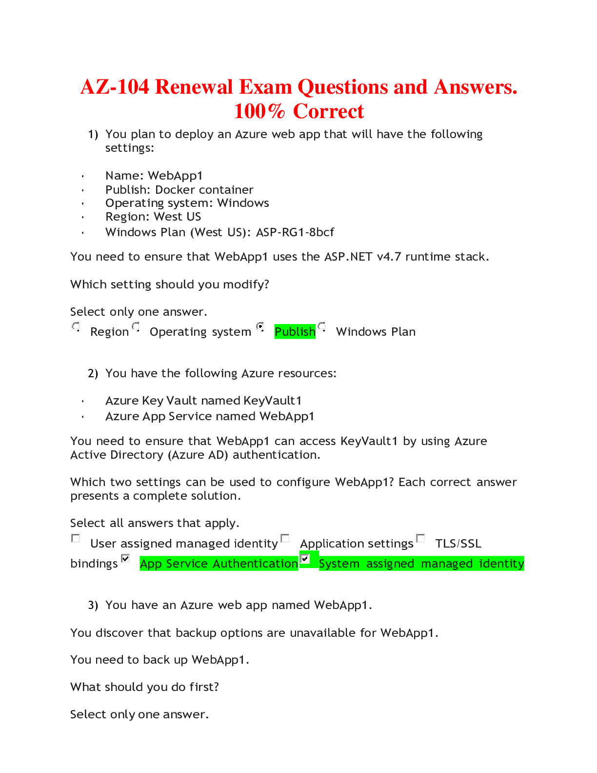 AZ 104 Renewal Exam Question And Answers Browsegrades